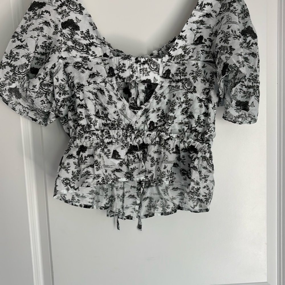 7 For All Mankind Black and White Peplum Blouse with Tie Front